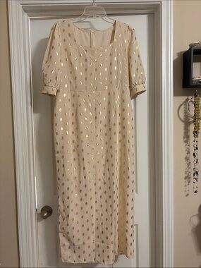 SHEIN Cream Midi Dress with Gold Polka Dot Detail